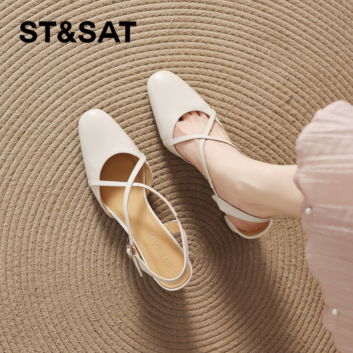 星期六真皮包头小凉鞋2026新款夏季外穿增高跟配裙子女鞋绝美法式