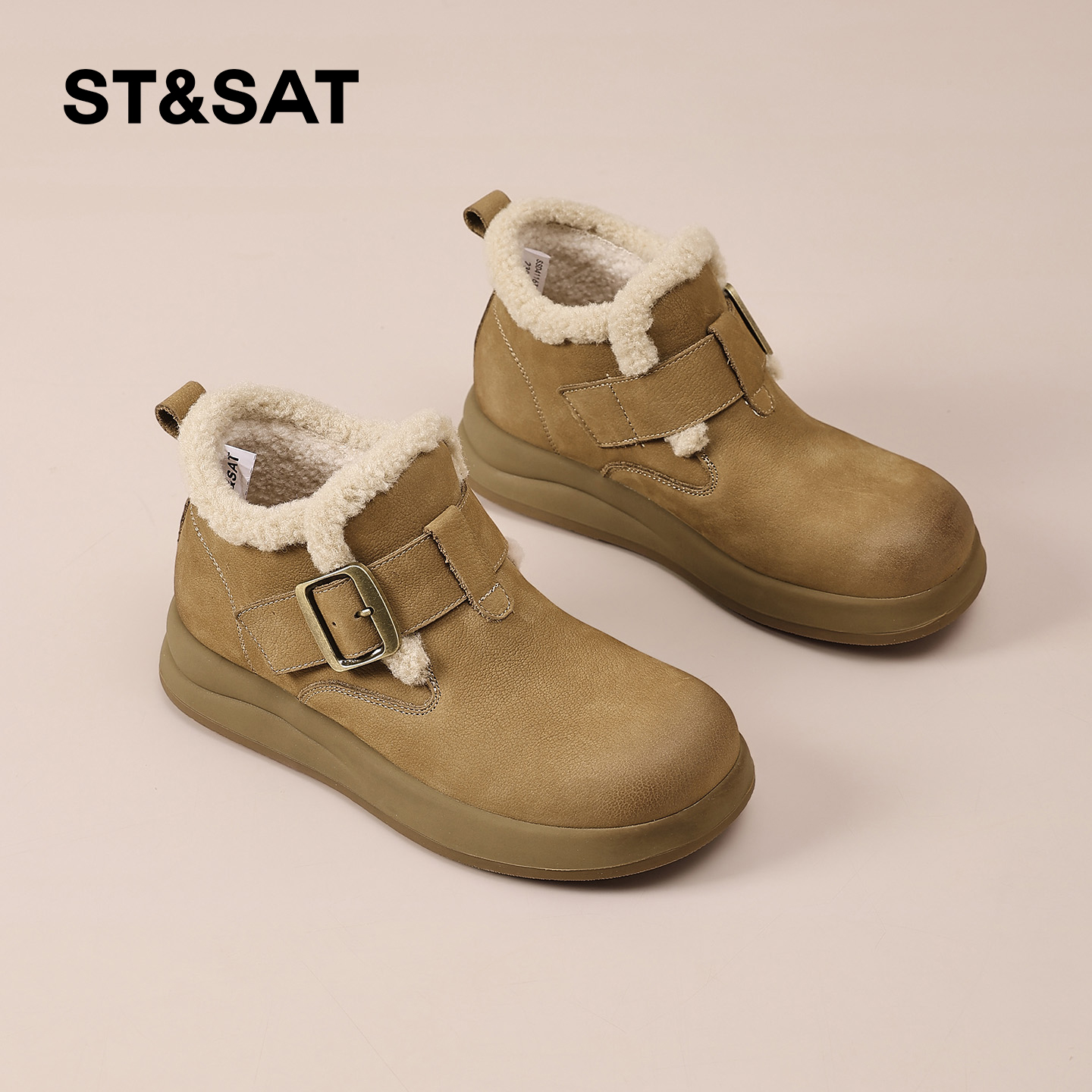 星期六加绒勃肯鞋女2025冬季新款复古皮带扣高帮毛毛鞋东北大棉鞋