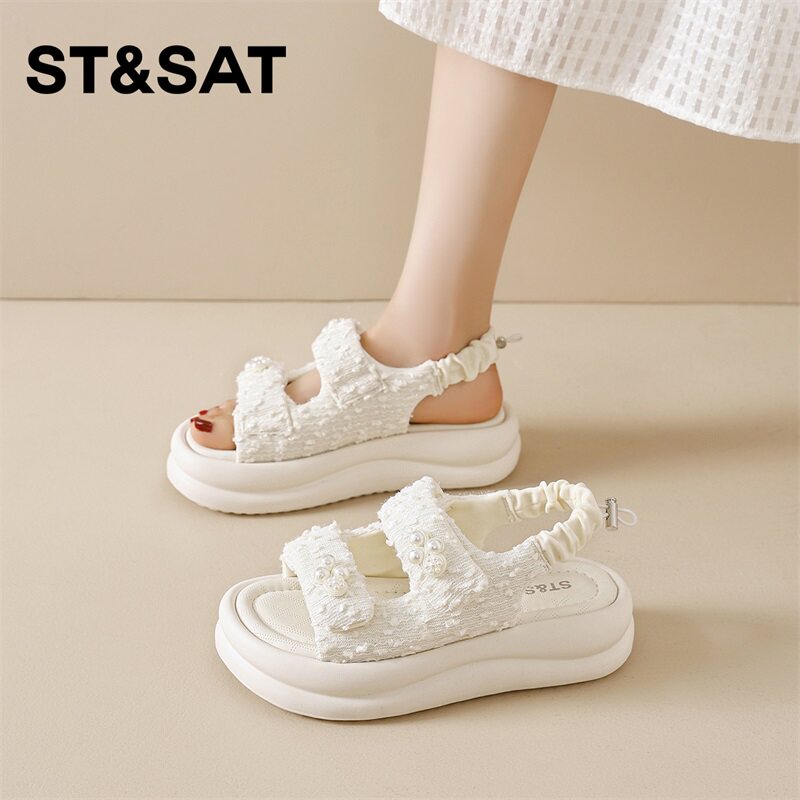 星期六小香风罗马凉鞋女外穿夏季新款珍珠花朵舒适厚底休闲沙滩鞋