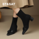 女冬季 星期六2025新款 高跟鞋 加绒弹力瘦瘦靴粗跟短筒厚底女袜靴
