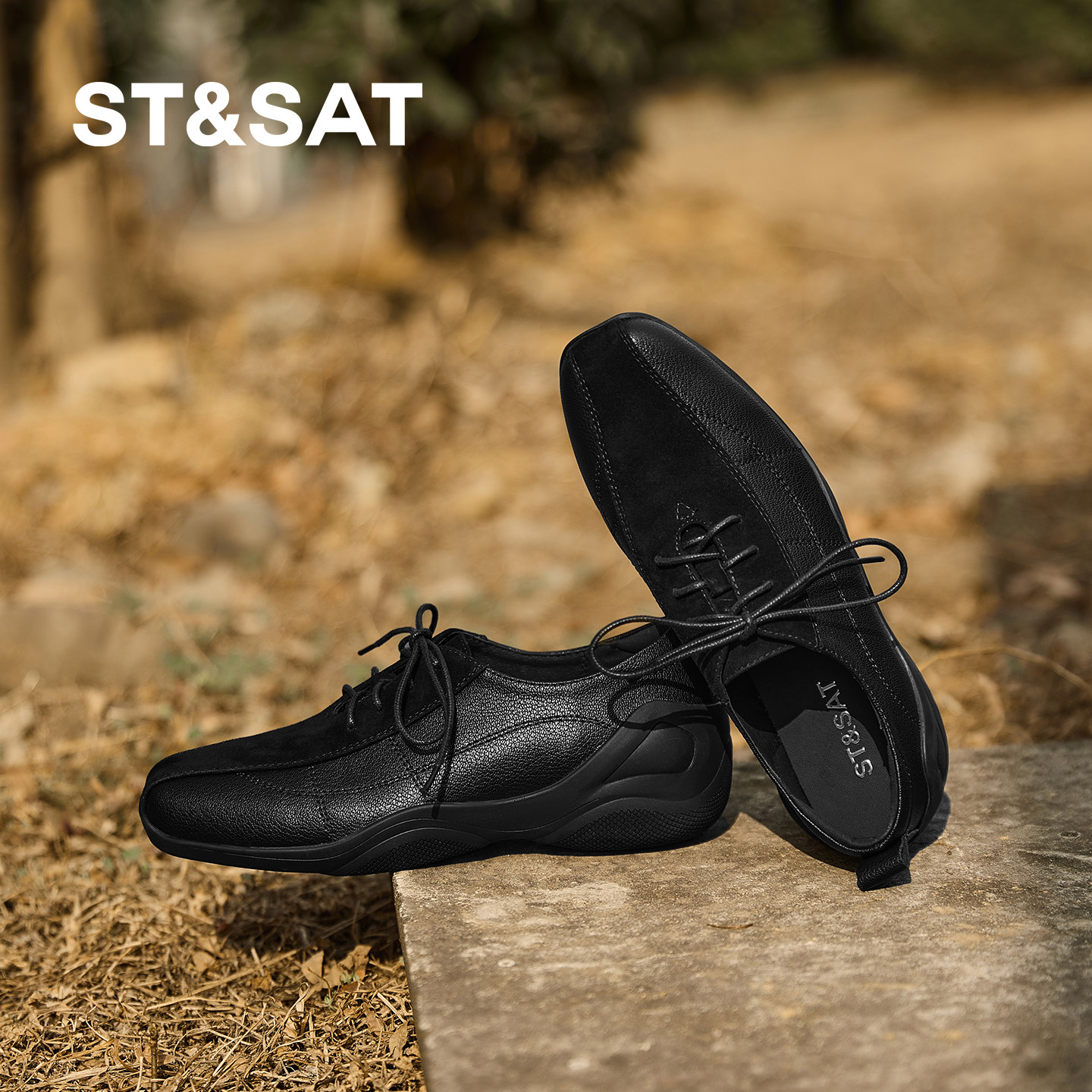 星期六复古德训鞋女黑色拼接系带厚底内增高舒适百搭休闲乐福鞋春