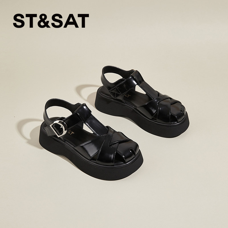 星期六增高黑色包头凉鞋女新款夏季外穿厚底猪笼鞋百搭凉鞋子