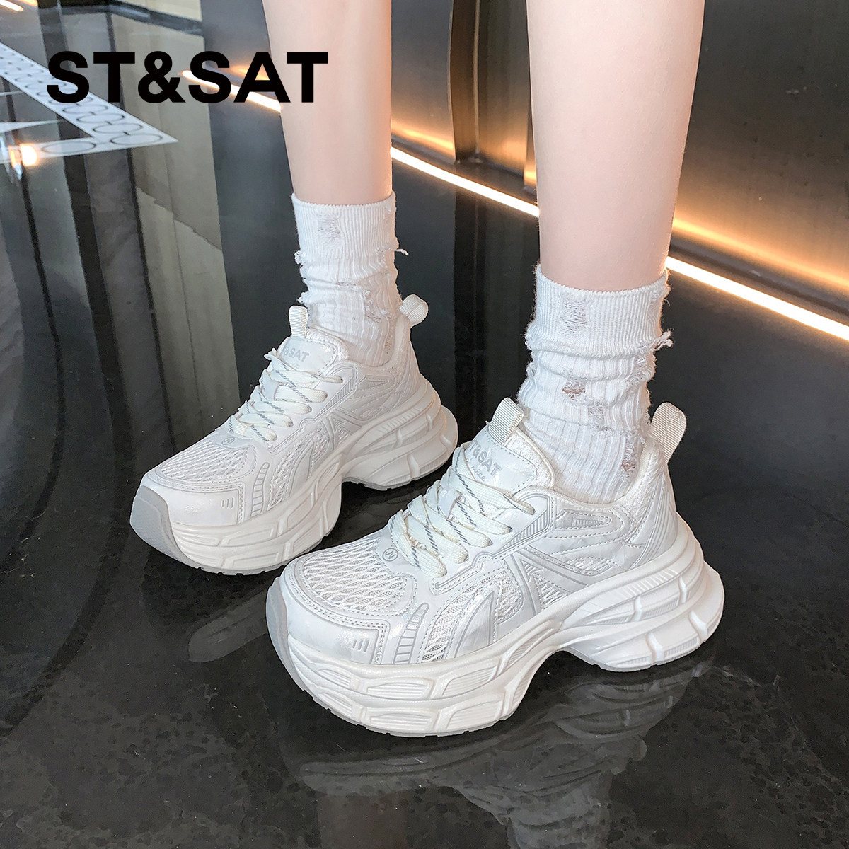 星期六网面厚底增高老爹鞋女款2025新款夏季薄款透气轻便软底运动