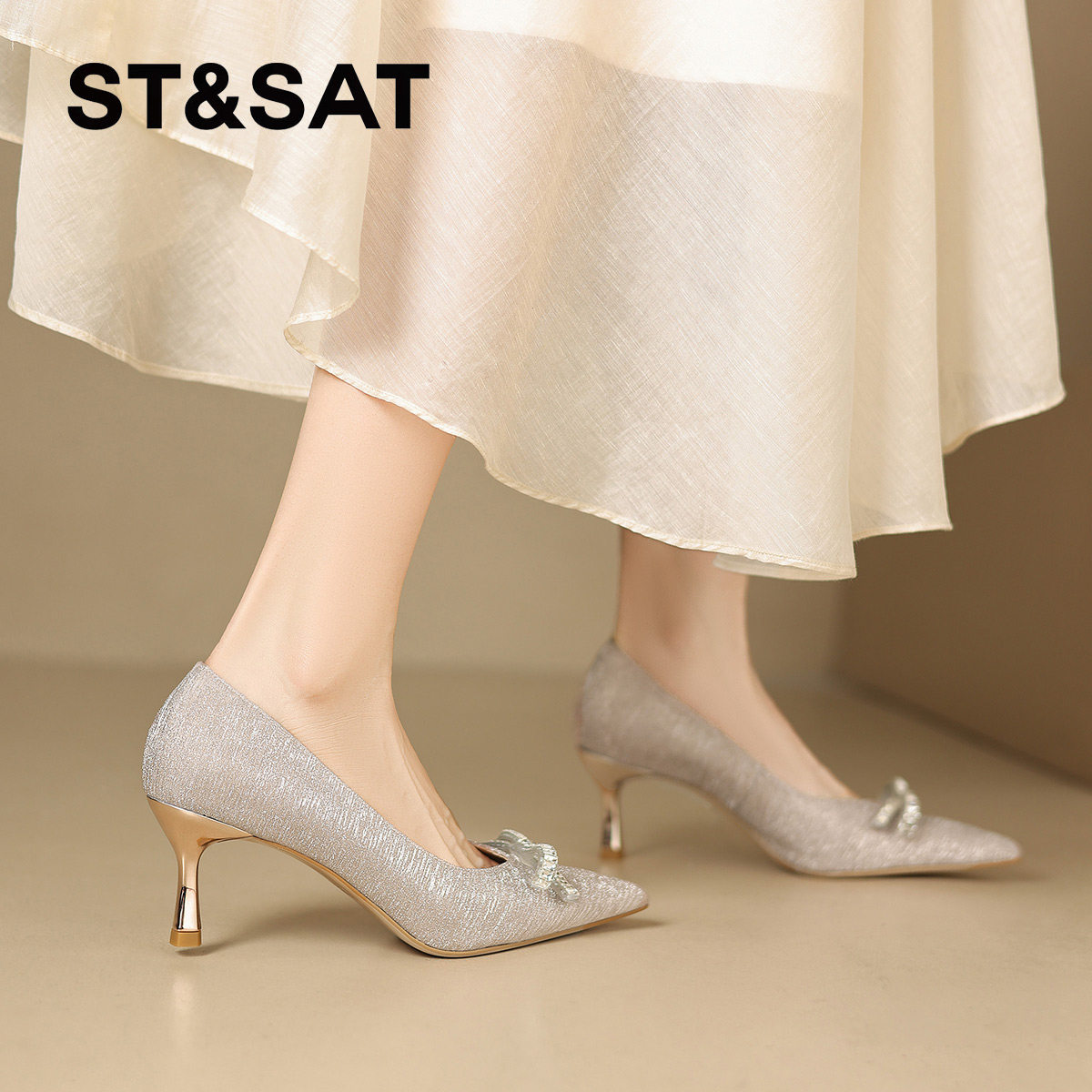 星期六轻奢单鞋女2025尖头浅口细跟高跟鞋超优雅水钻蝴蝶结婚宴鞋