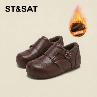 星期六加绒勃肯鞋女2025冬季新款平底复古塔扣保暖小皮鞋乐福鞋女