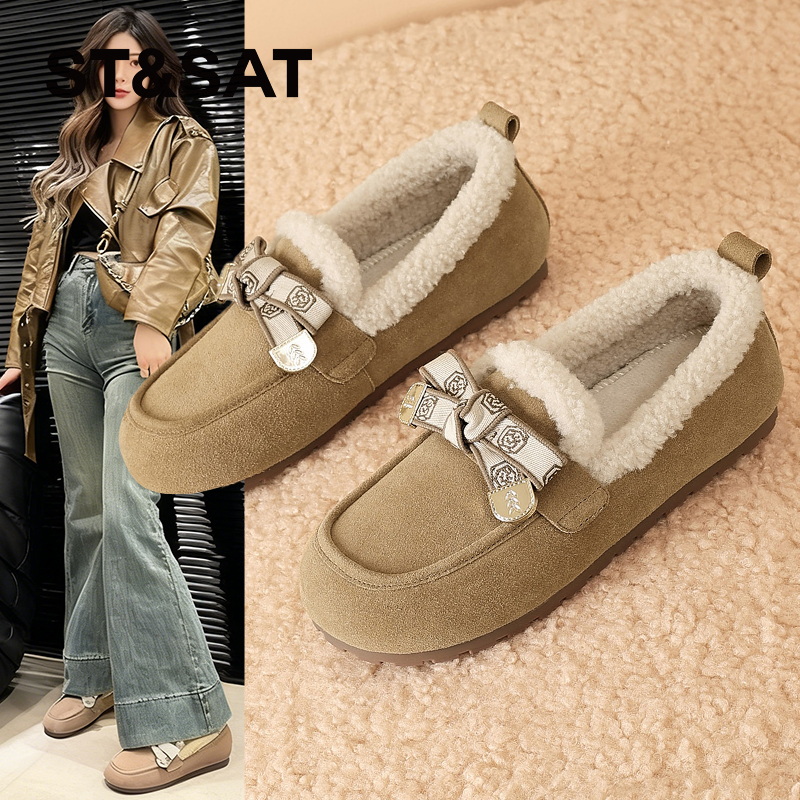 星期六加绒勃肯鞋女2025冬季新款懒人一脚蹬平底毛毛鞋复古棉鞋子