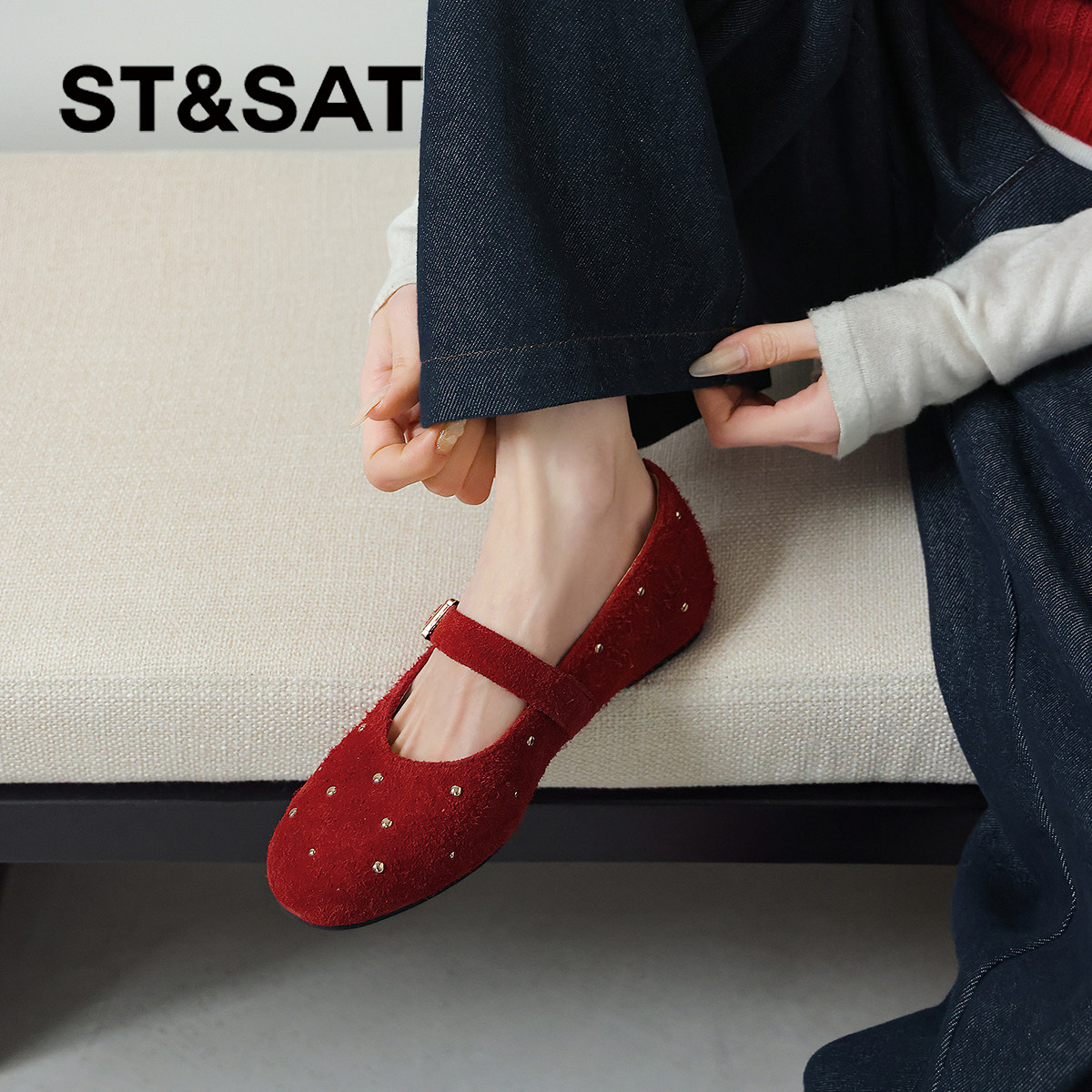 星期六红色单鞋女新款春季法式芭蕾舞鞋通勤平底浅口玛丽珍鞋