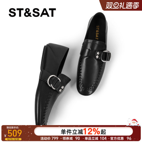 皮带扣圆头平底一脚蹬超软英伦