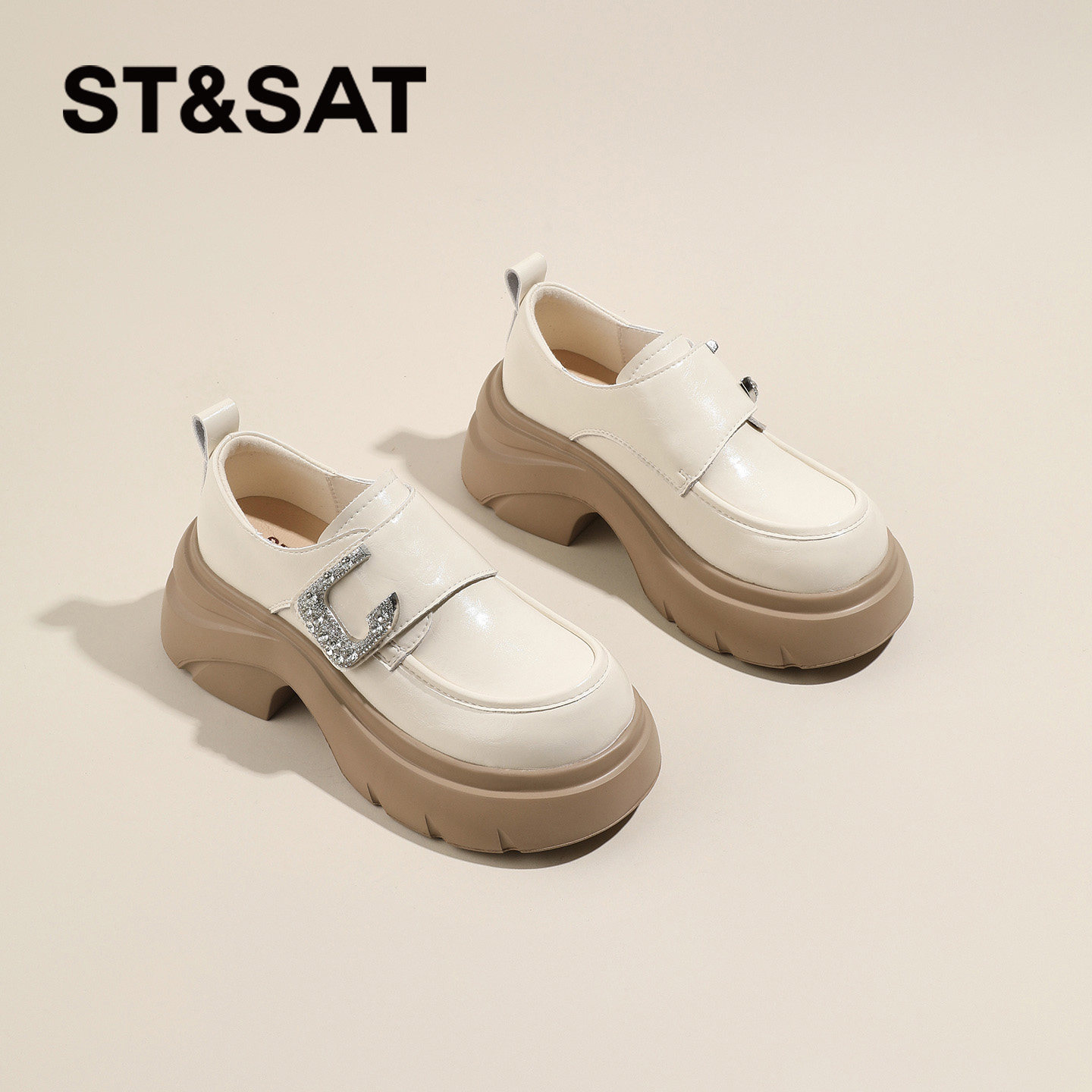 星期六厚底乐福鞋女2026春季新款白色高跟单鞋魔术贴英伦风小皮鞋