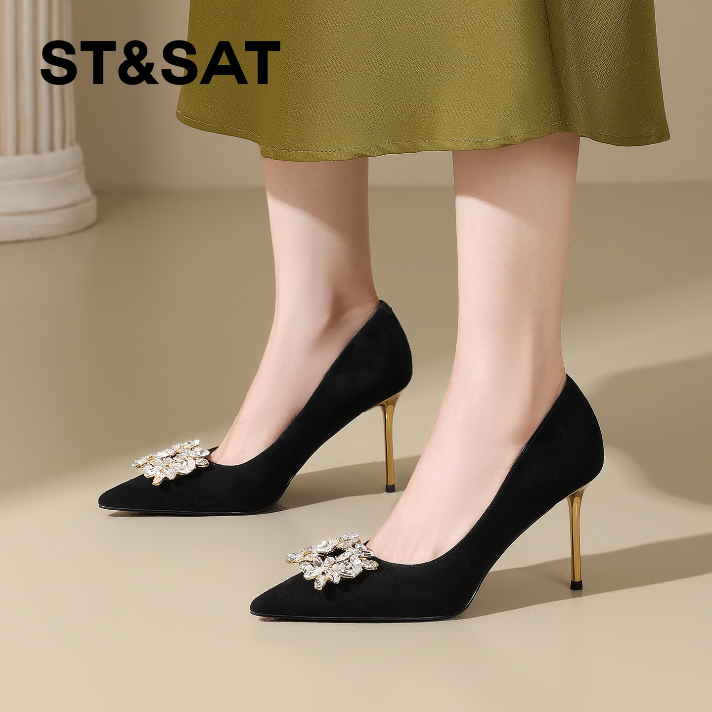 星期六真皮绒面水钻尖头细跟高跟鞋女2026春新款通勤气质浅口单鞋