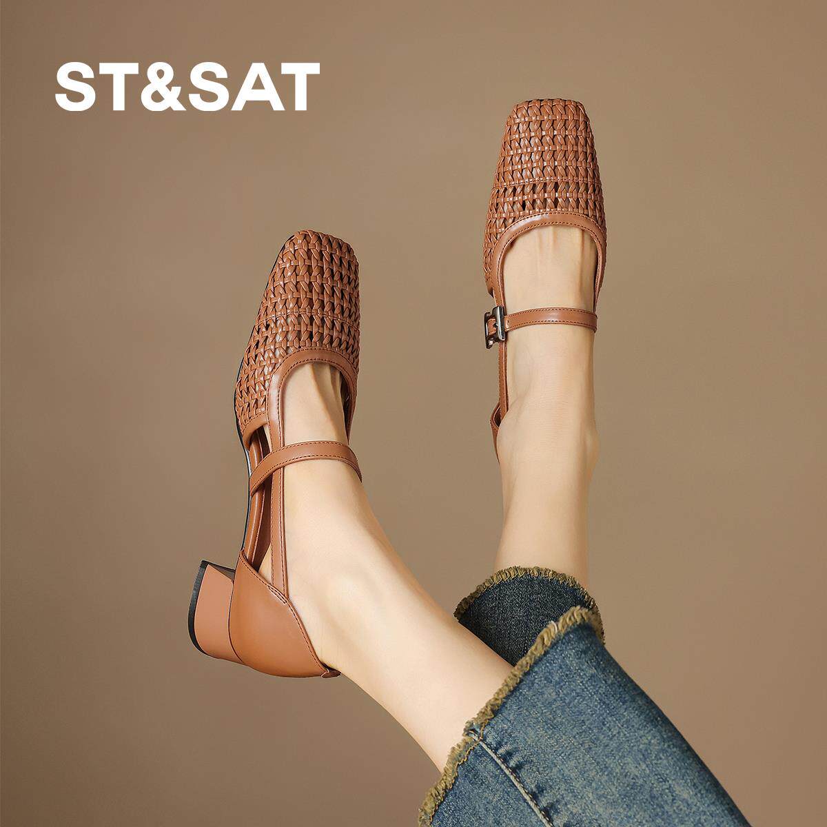 星期六夏季绝美玛丽珍镂空一字带凉鞋女外穿不累脚粗跟软底通勤鞋