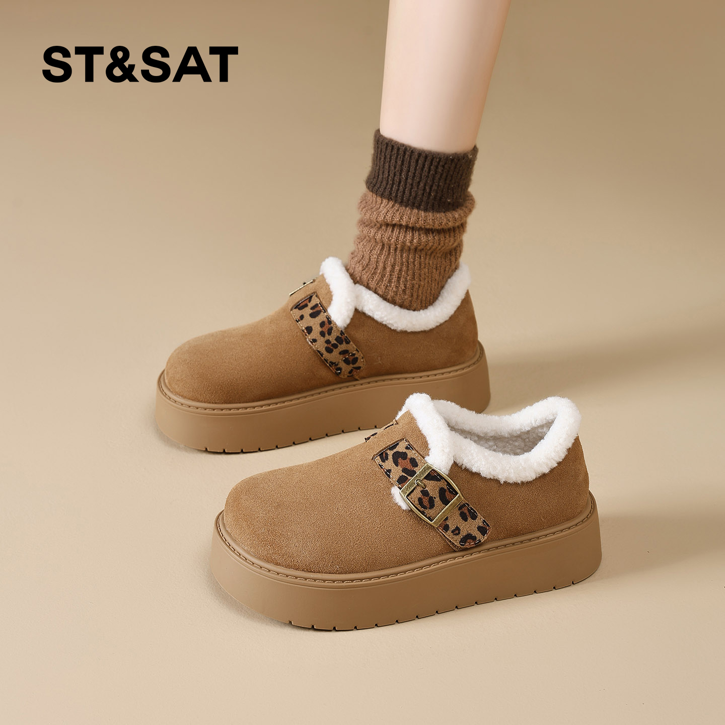 星期六加绒勃肯鞋女2025冬季款豹纹皮带扣松糕厚底毛毛棉鞋雪地靴