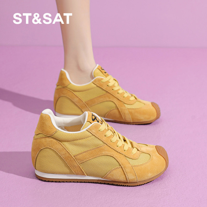 星期六黄色厚底德训鞋女春季新款内增高阿甘鞋透气轻便运动休闲鞋