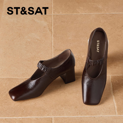 星期六真皮方头粗跟玛丽珍鞋