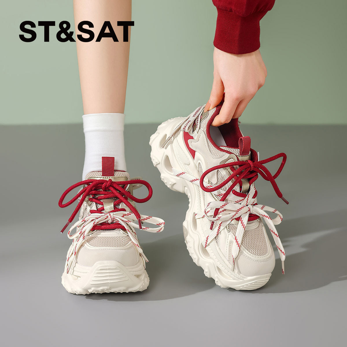 星期六超火绑带红色老爹鞋女鞋子2026春季新款厚底增高运动休闲鞋