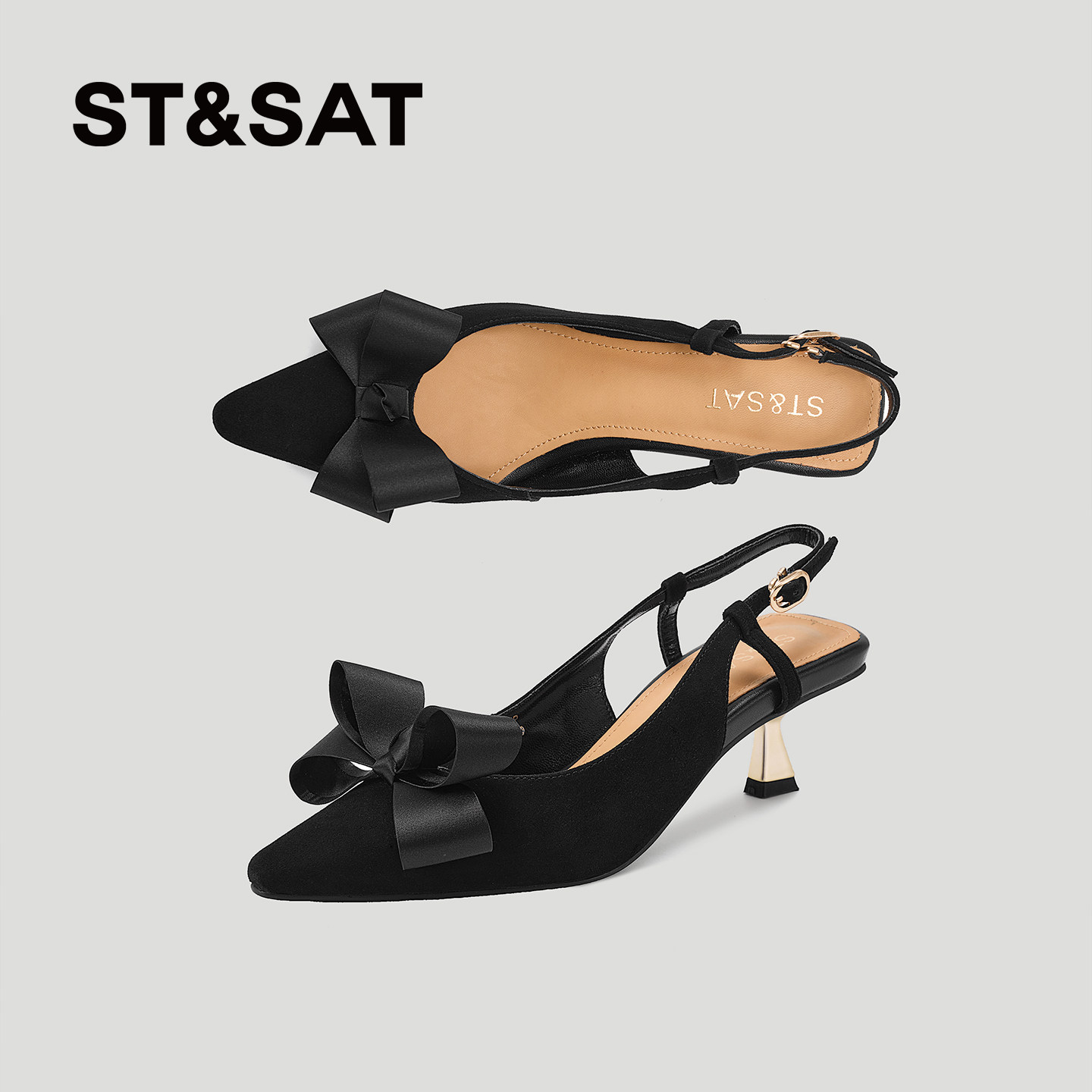 星期六包头女凉鞋夏季配裙子尖头细跟蝴蝶结黑色中跟后空浅口单鞋