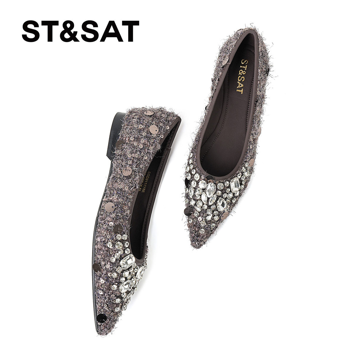 星期六小香风单鞋女2025法式亮片尖头浅口平底鞋一脚蹬优雅晚晚鞋