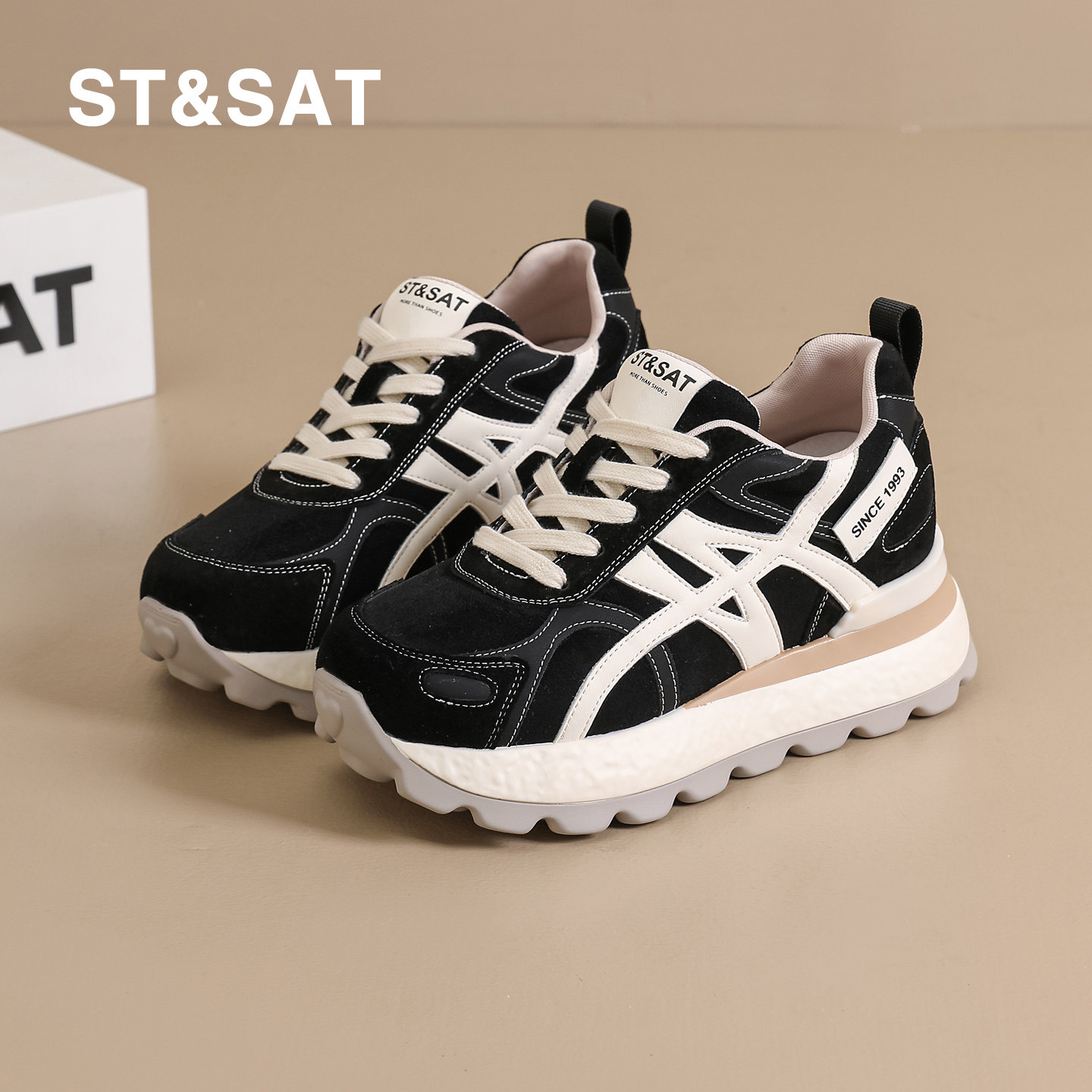 星期六女鞋真皮黑色高跟鞋女款小个子增高不累脚老爹鞋秋冬休闲鞋