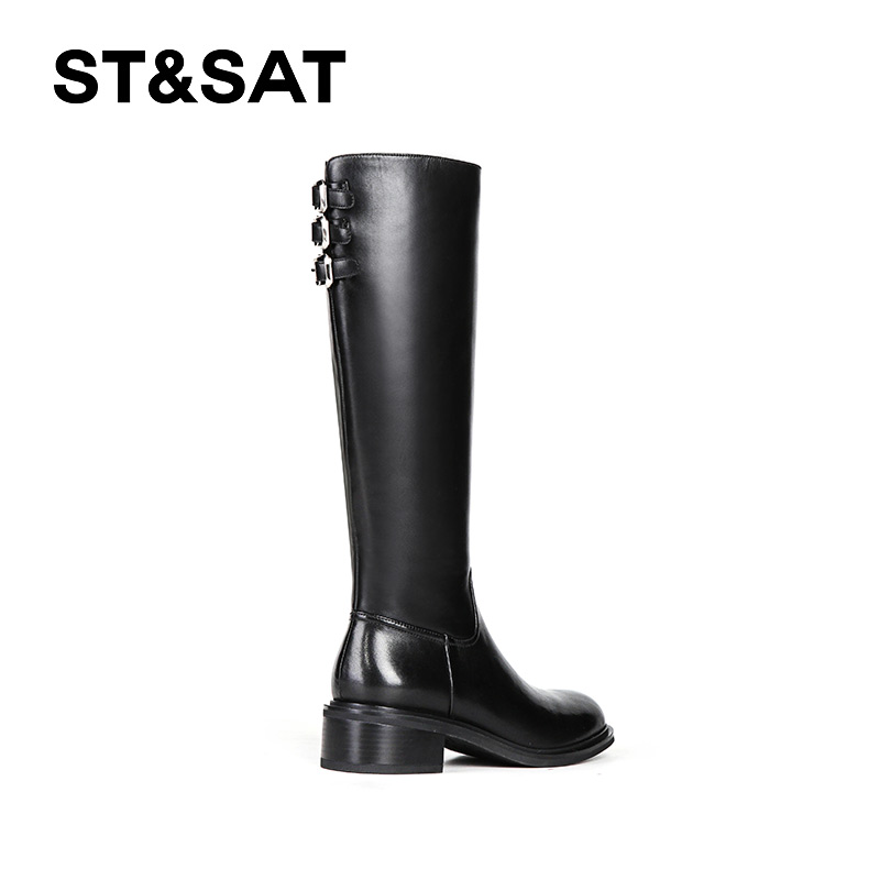 星期六黑色真皮长筒靴