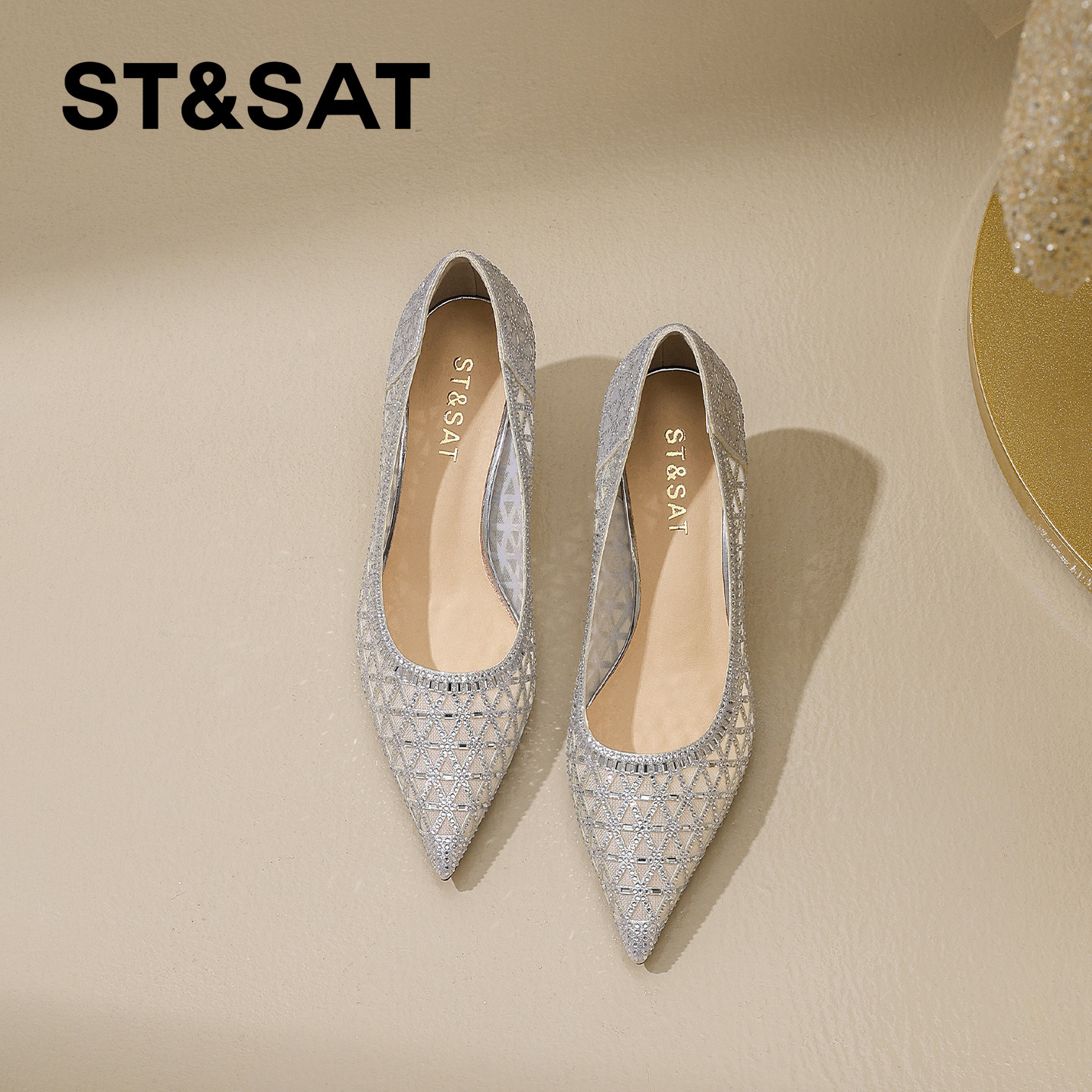 星期六气质满钻网纱尖头细跟高跟鞋女2026春季新款不累脚浅口单鞋