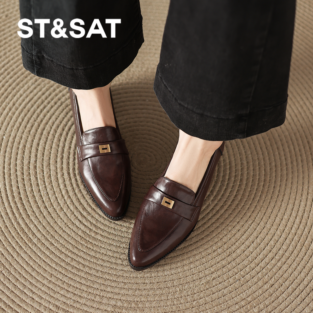 星期六棕色尖头一脚蹬乐福鞋女秋