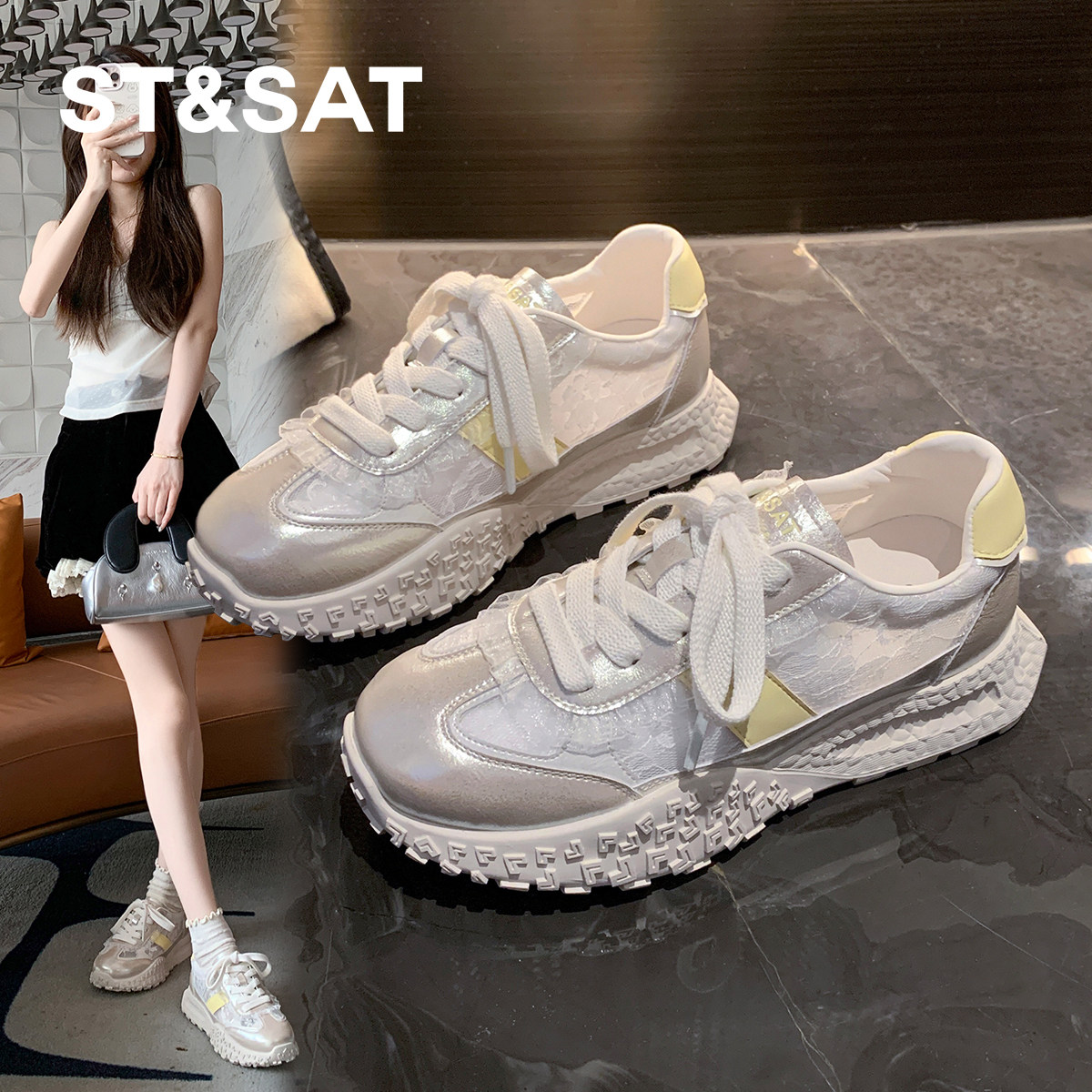 星期六芭蕾风银色德训鞋女2025新款夏季透气网面休闲鞋配裙子女鞋