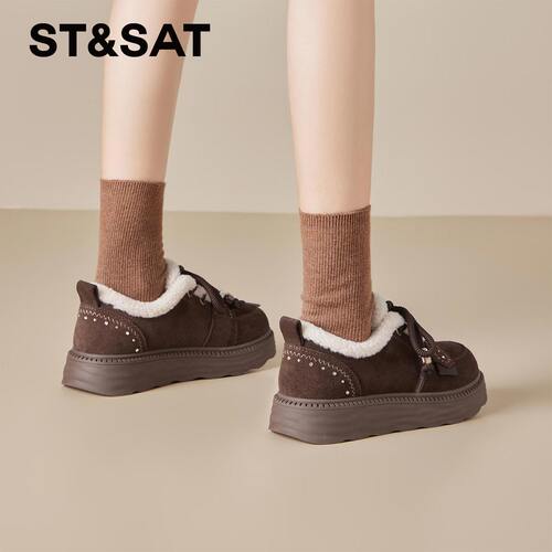 星期六冬系保暖毛毛鞋女水钻设计厚底咖棕两色女士棉鞋SSF411SP34