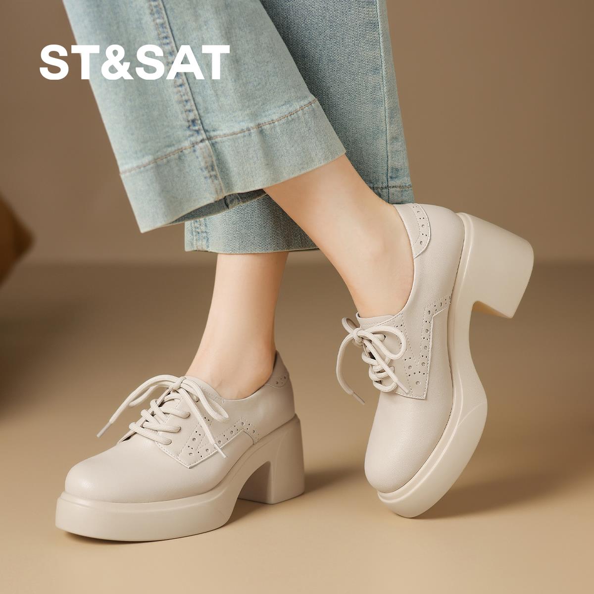 星期六新款气质学院风复古深口单鞋女爆款厚底粗跟增高通勤小皮鞋