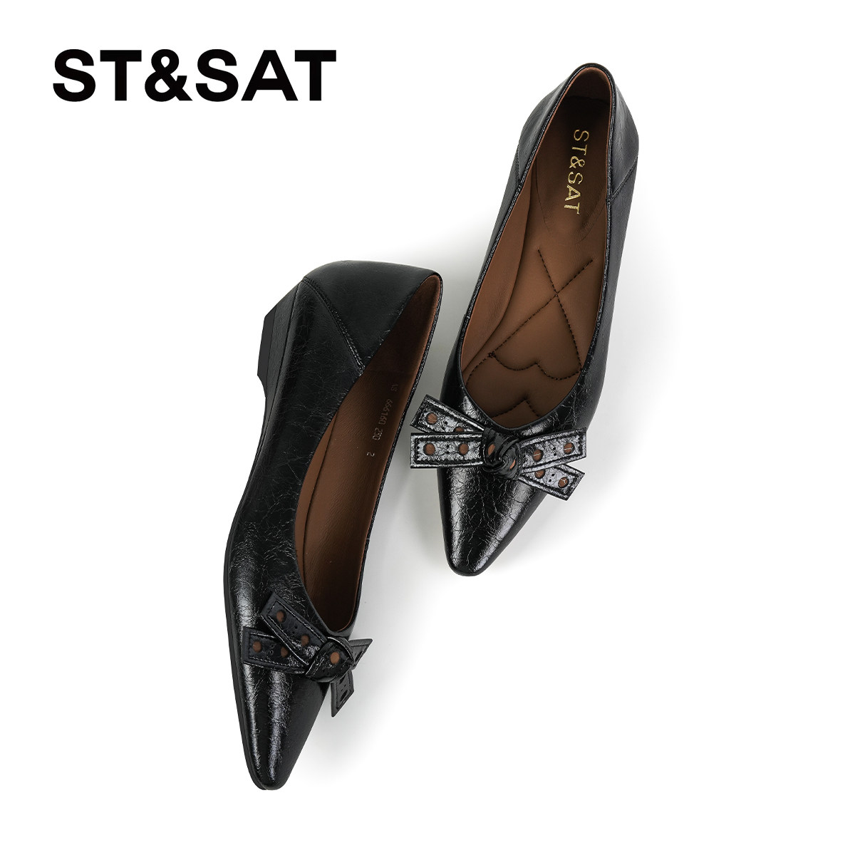 星期六尖头单鞋女2025坡跟浅口蝴蝶结女鞋黑色通勤平底上班工作鞋