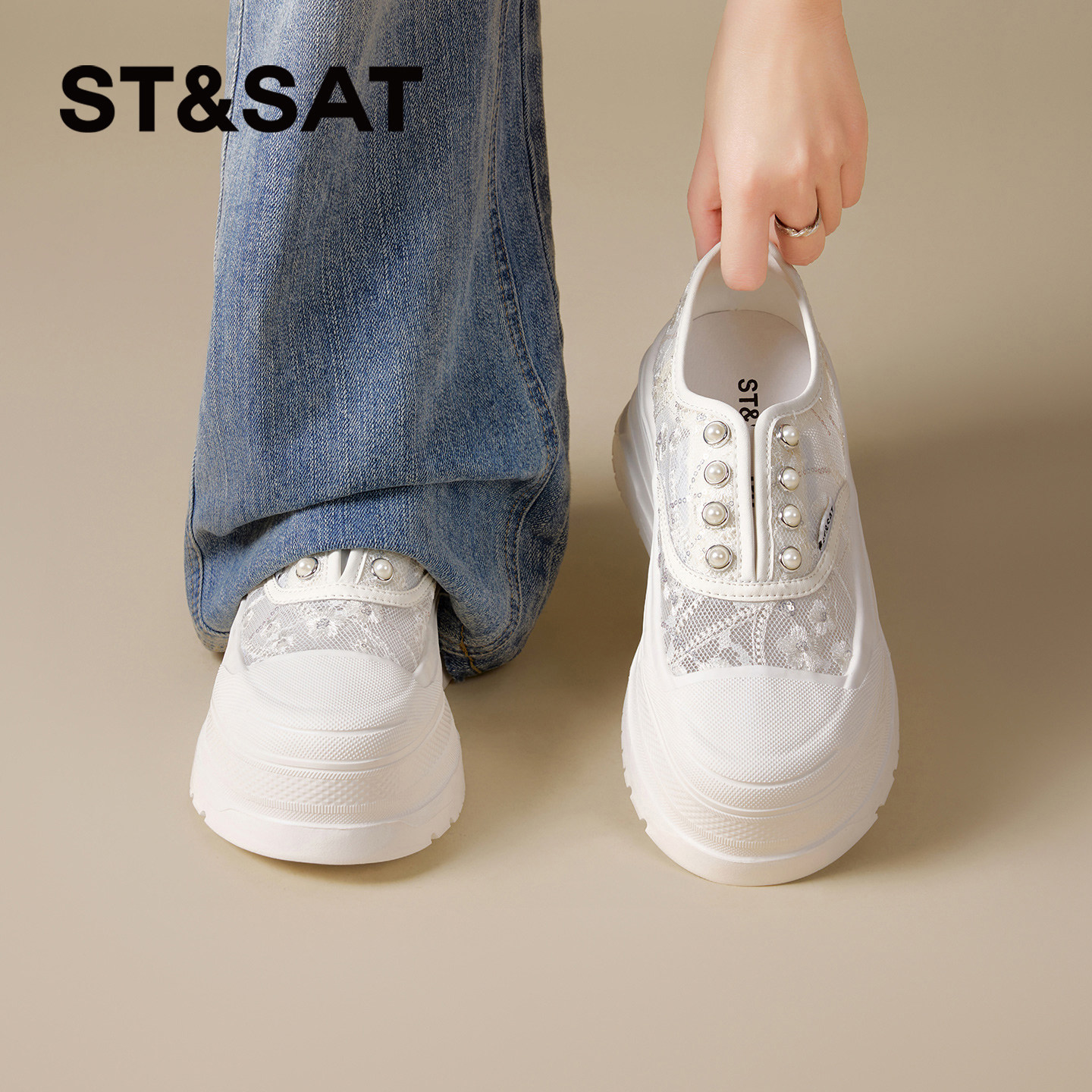 星期六厚底休闲鞋女款2026新款透气网面舒适小白鞋芭蕾风运动单鞋