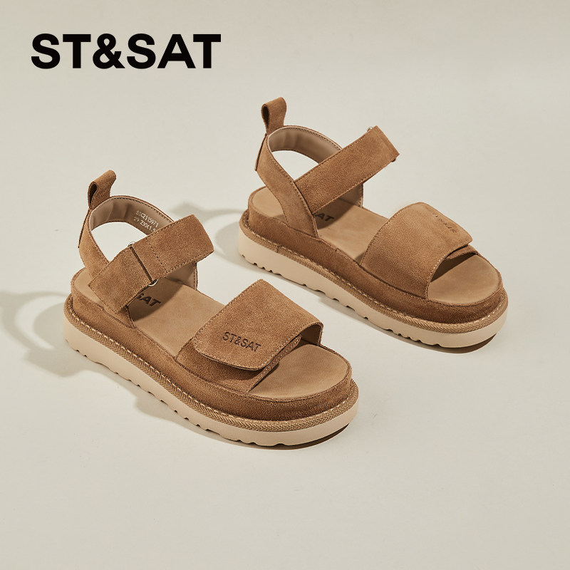 星期六厚底真皮凉鞋女款夏季外穿新款一字带松糕凉鞋增高罗马凉鞋