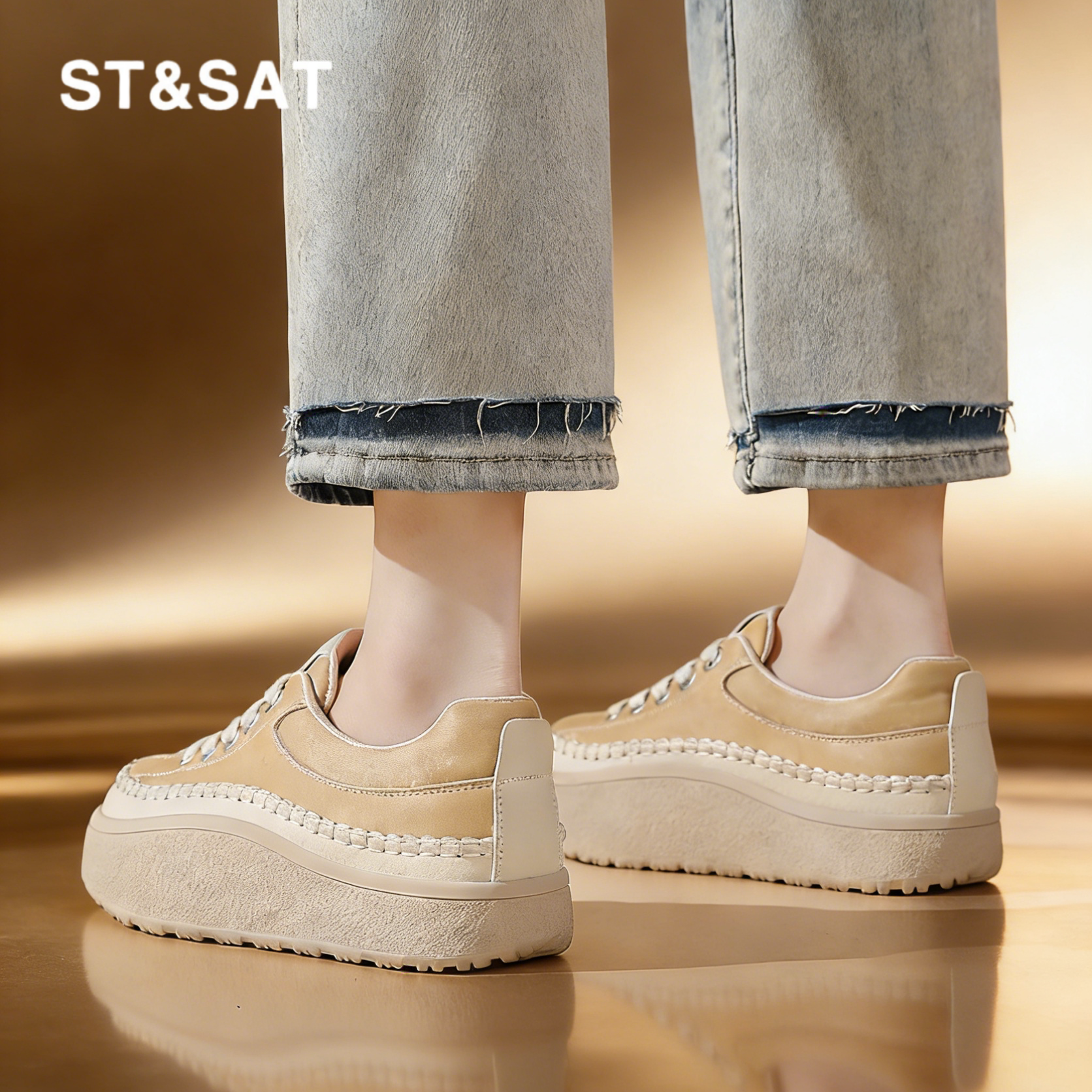 星期六真皮女鞋新款春季厚底休闲鞋百搭轻便增高鞋系带百搭运动鞋