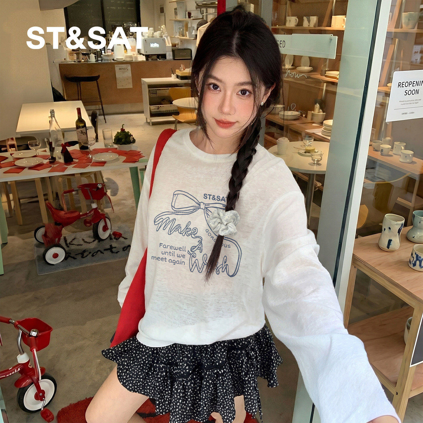 星期六雪花棉圆领轻薄长袖t恤女