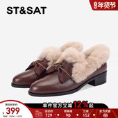 女2025春季 新款 蝴蝶结装 星期六毛茸茸毛毛鞋 饰中跟兔毛加绒小皮鞋