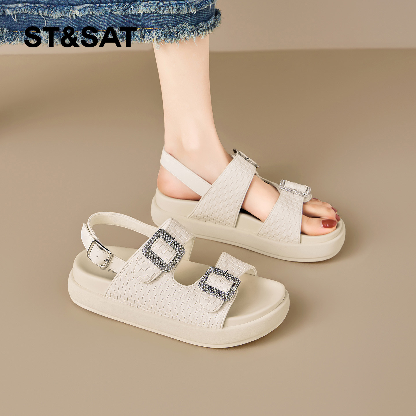 星期六编织水钻厚底凉鞋女2026夏季新款温柔风不累脚外穿沙滩凉鞋