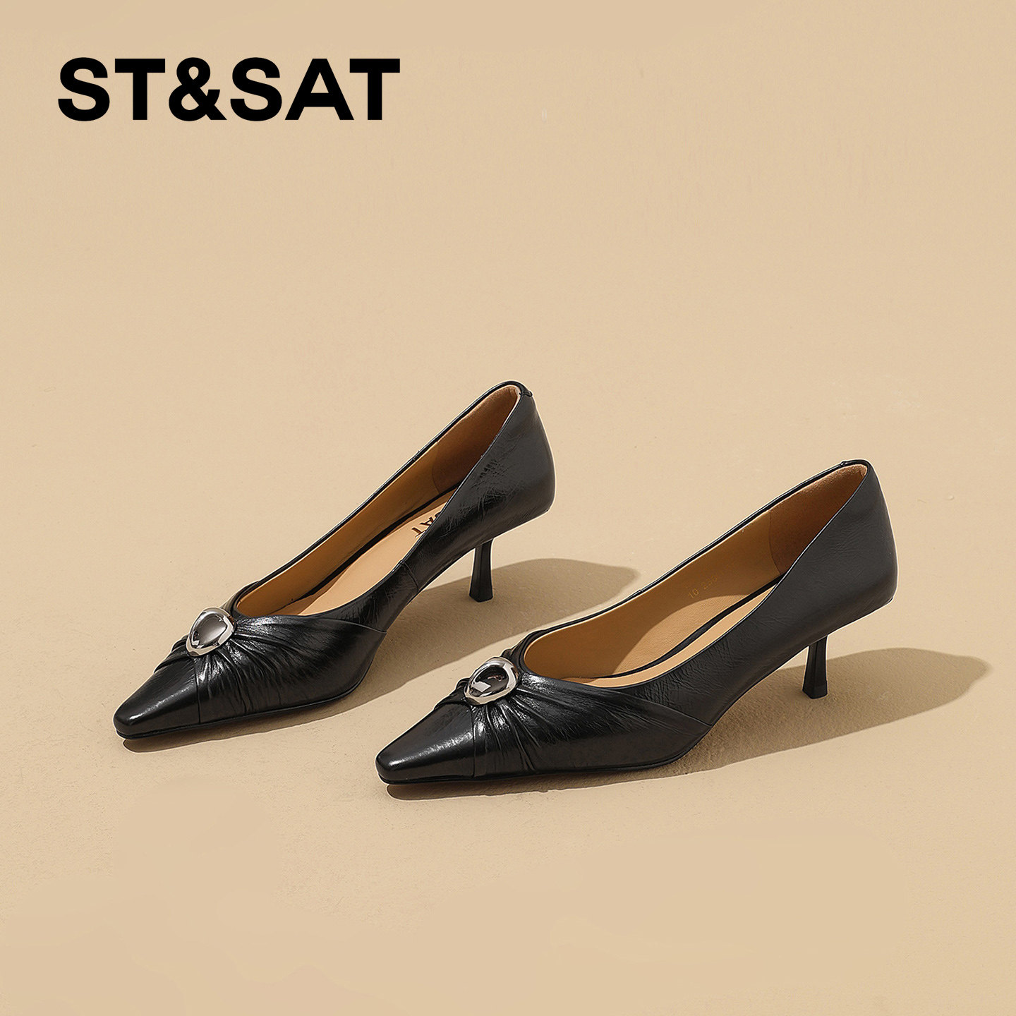星期六真皮熟女风气质高跟鞋女2026年春季新款方头细跟不累脚单鞋