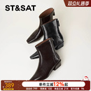 星期六法式短靴女2025秋冬气质方头粗跟高级感裸靴真皮英伦风皮靴