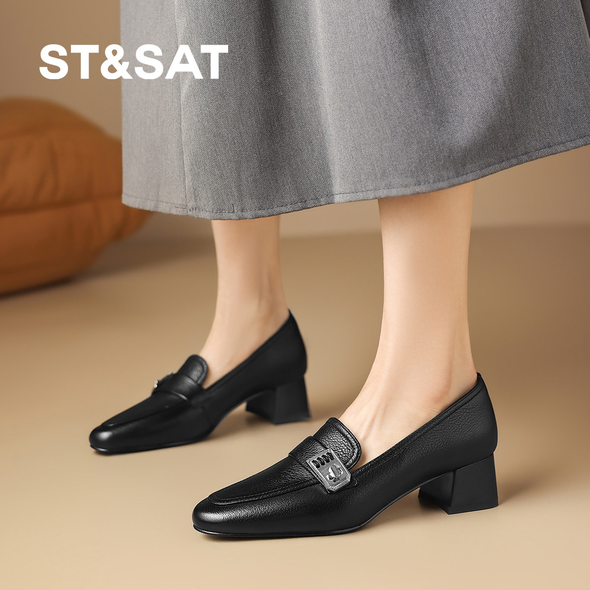 St&Sat/星期六英伦风黑色乐福鞋女粗跟深口单鞋女通勤小皮鞋,女鞋,深口单鞋,淘宝优惠券,粉丝福利购,淘宝优惠卷