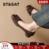 方扣气质通勤设计师工作鞋 星期六棕色单鞋 女2025方头浅口粗跟女鞋