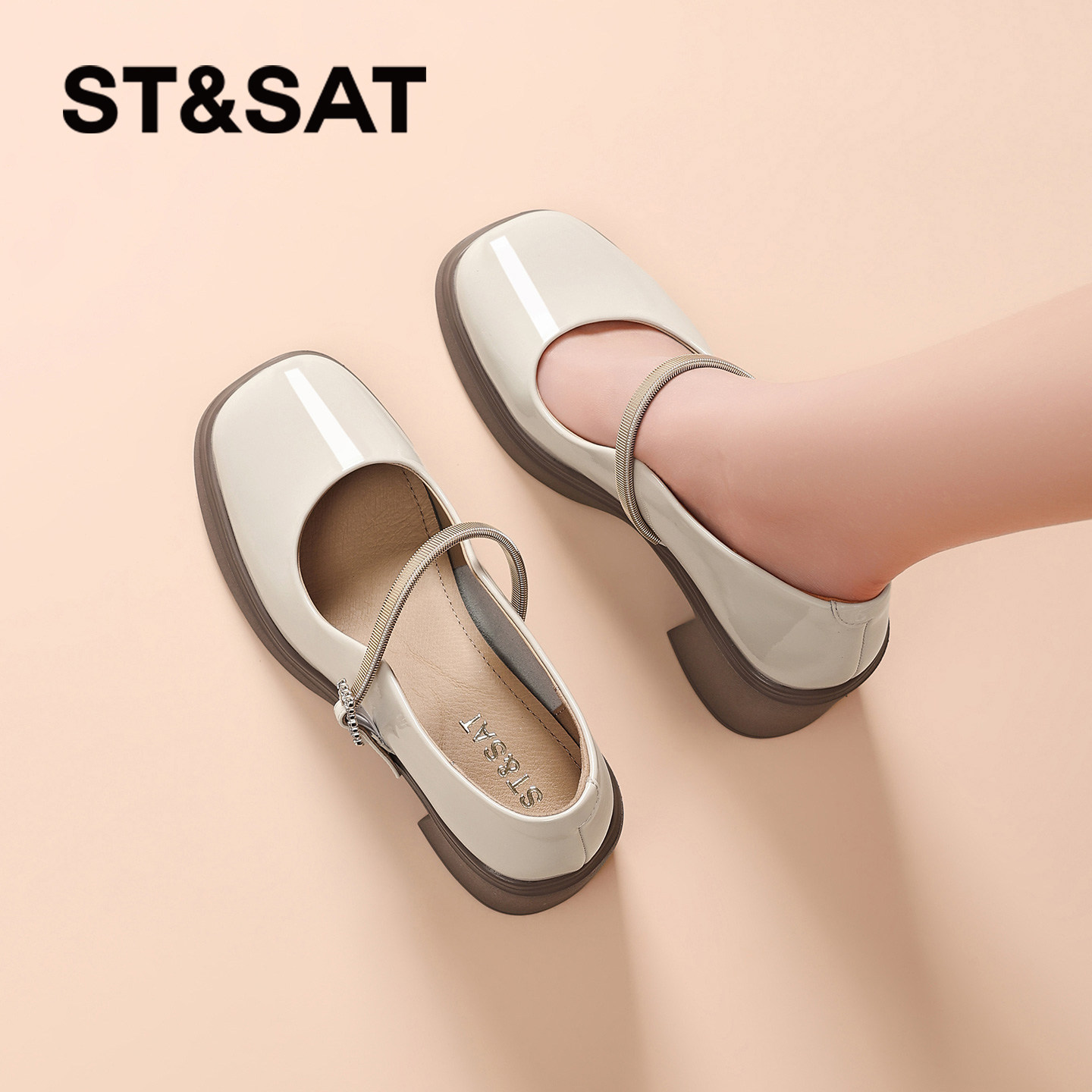 星期六粗跟玛丽珍单鞋女2026春季新款一字带浅口高跟鞋法式小皮鞋