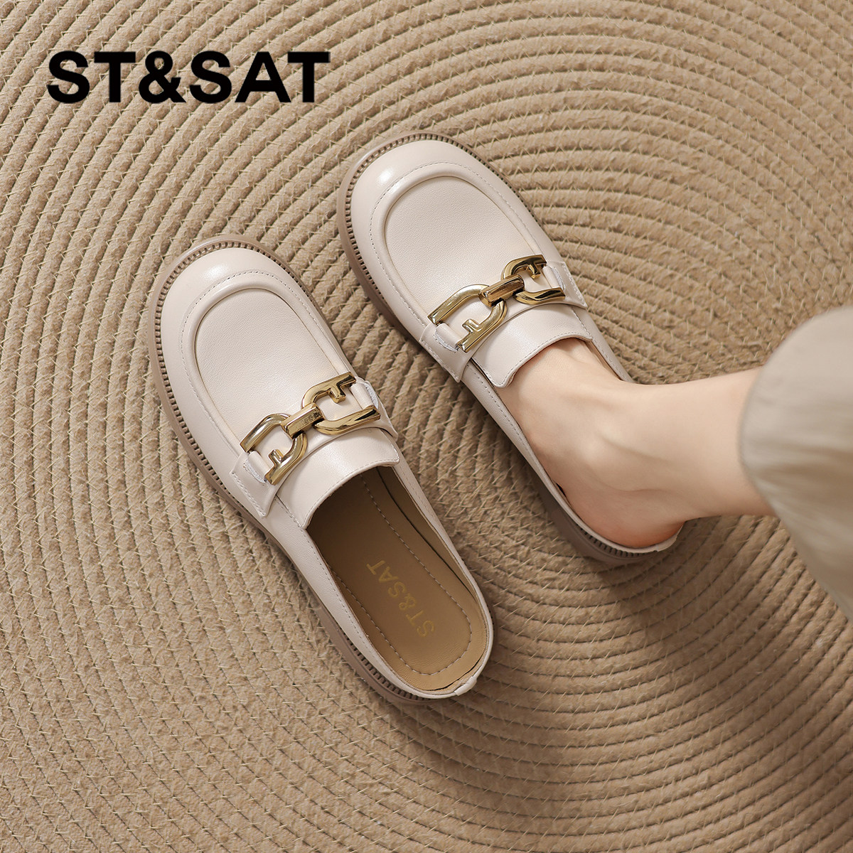 星期六乐福鞋半拖鞋女款2026新款夏季包头凉拖穆勒鞋英伦粗跟凉鞋