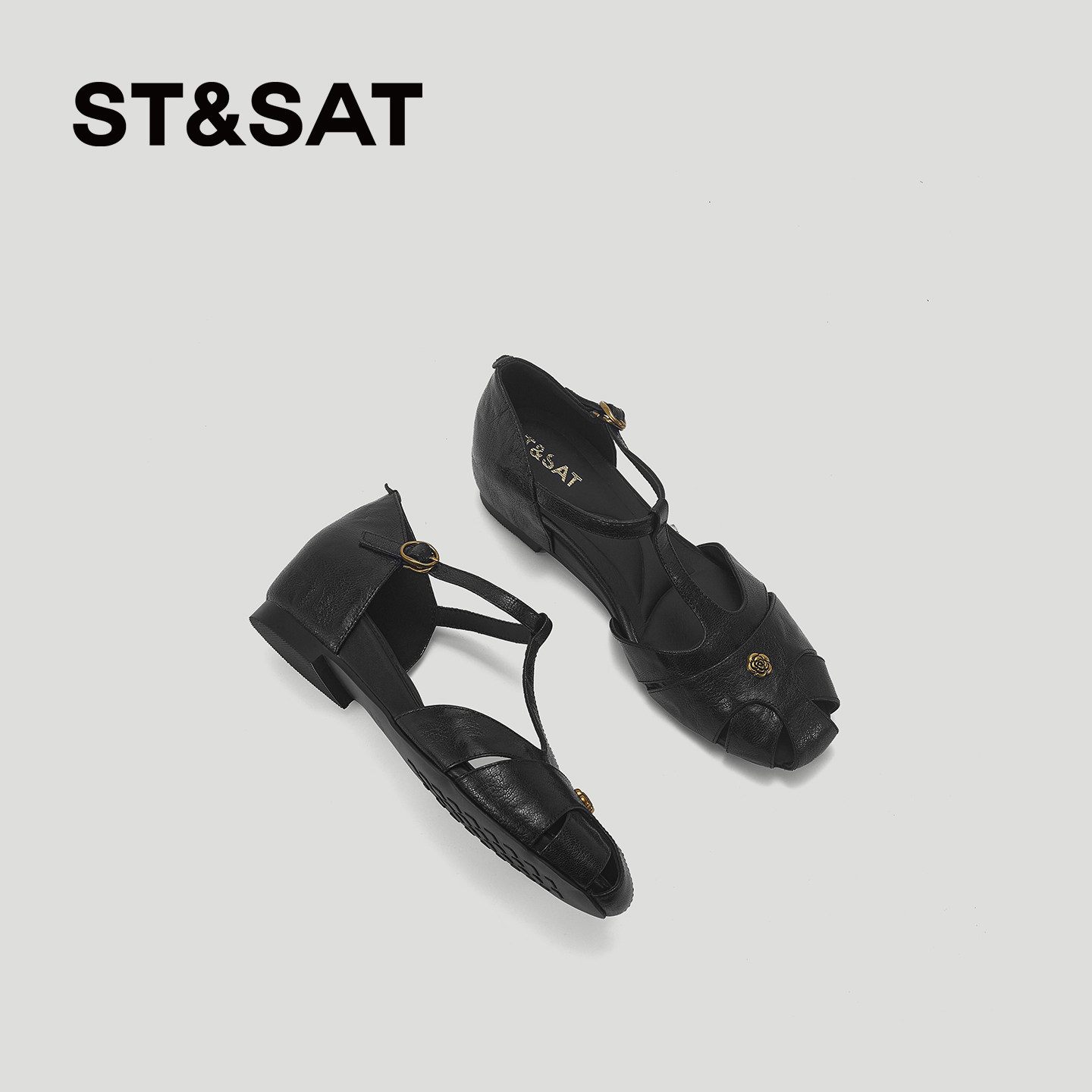 星期六包头凉鞋2026夏季巨好看坡跟复古山茶花真皮交叉镂空女鞋子