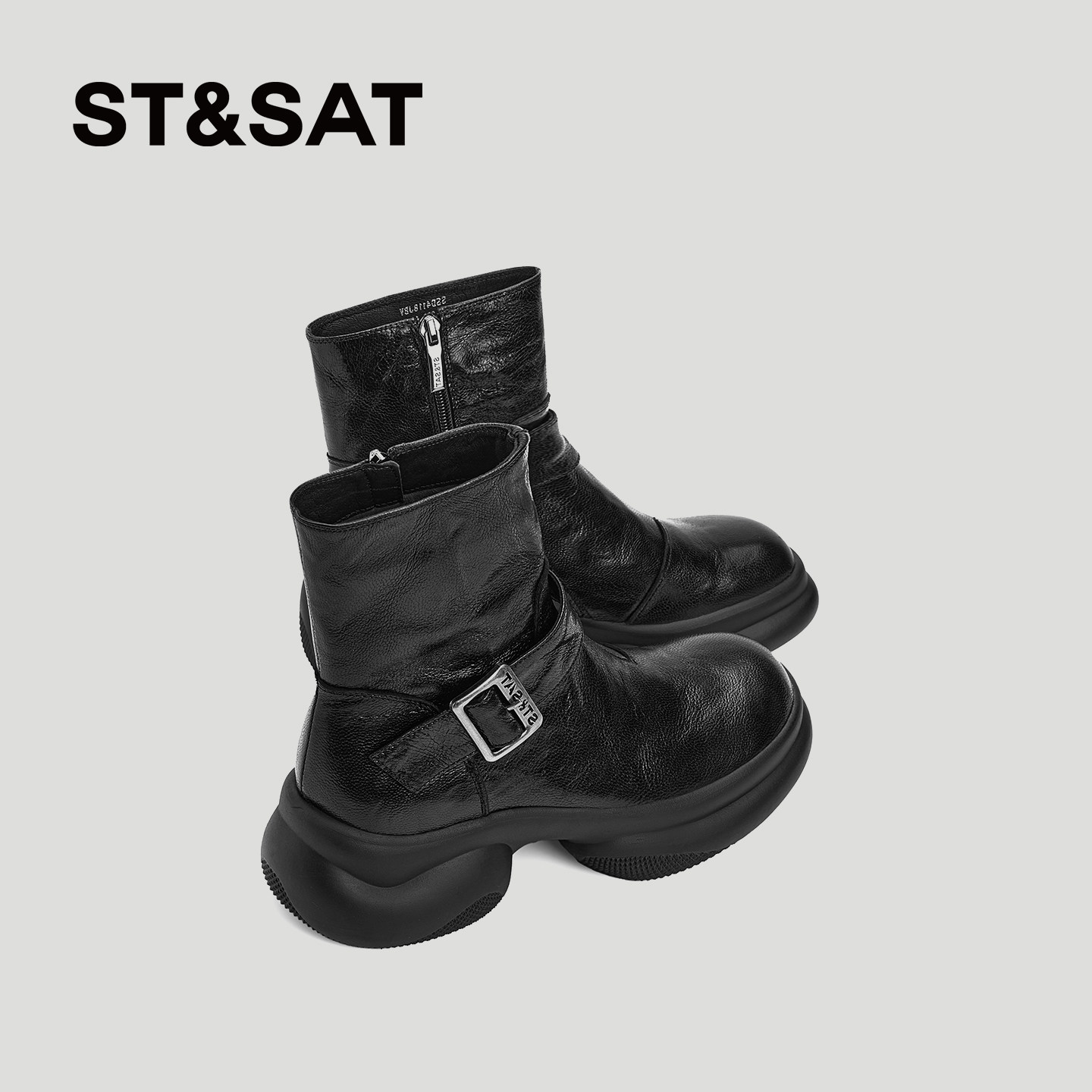 星期六黑色短靴厚底小个子机车靴女圆头5cm冬季加绒美拉德马丁靴