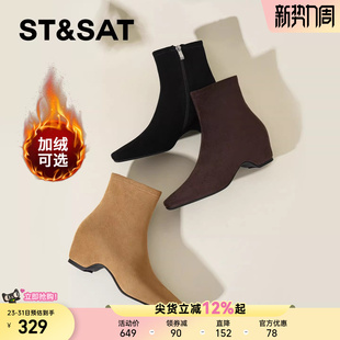 星期六黑色短靴女2025秋冬方头粗跟加绒保暖时装 靴显瘦弹力瘦瘦靴