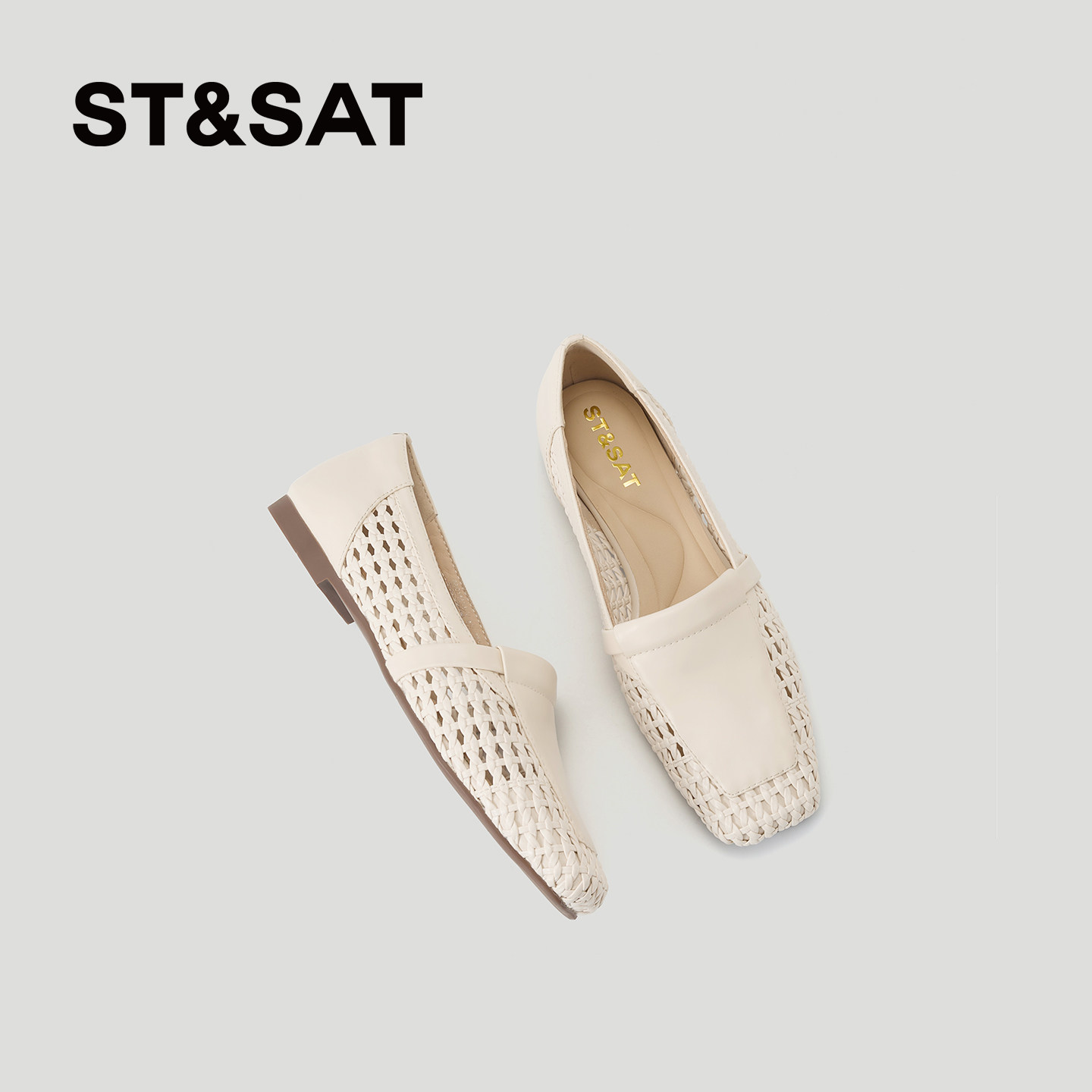 星期六2026春夏新款单鞋女编织镂空乐福鞋女方头平底百搭软底舒适