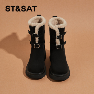 星期六雪地靴女2025冬季 东北户外抗寒加绒保暖羊毛中筒马丁靴 新款