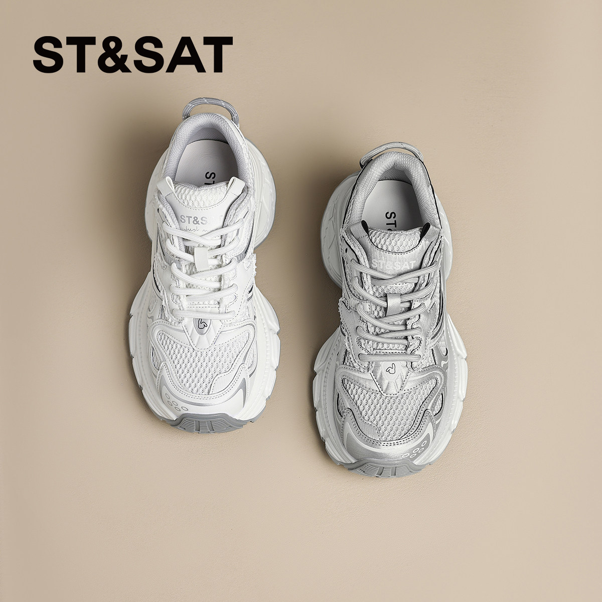 星期六银色透气老爹鞋女款2025春季新款轻便百搭厚底运动休闲鞋子
