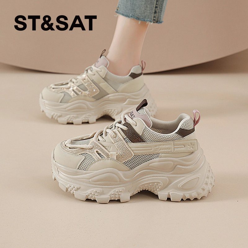 星期六老爹鞋女款春秋季新款厚底鞋子女士运动鞋网面透气增高女鞋