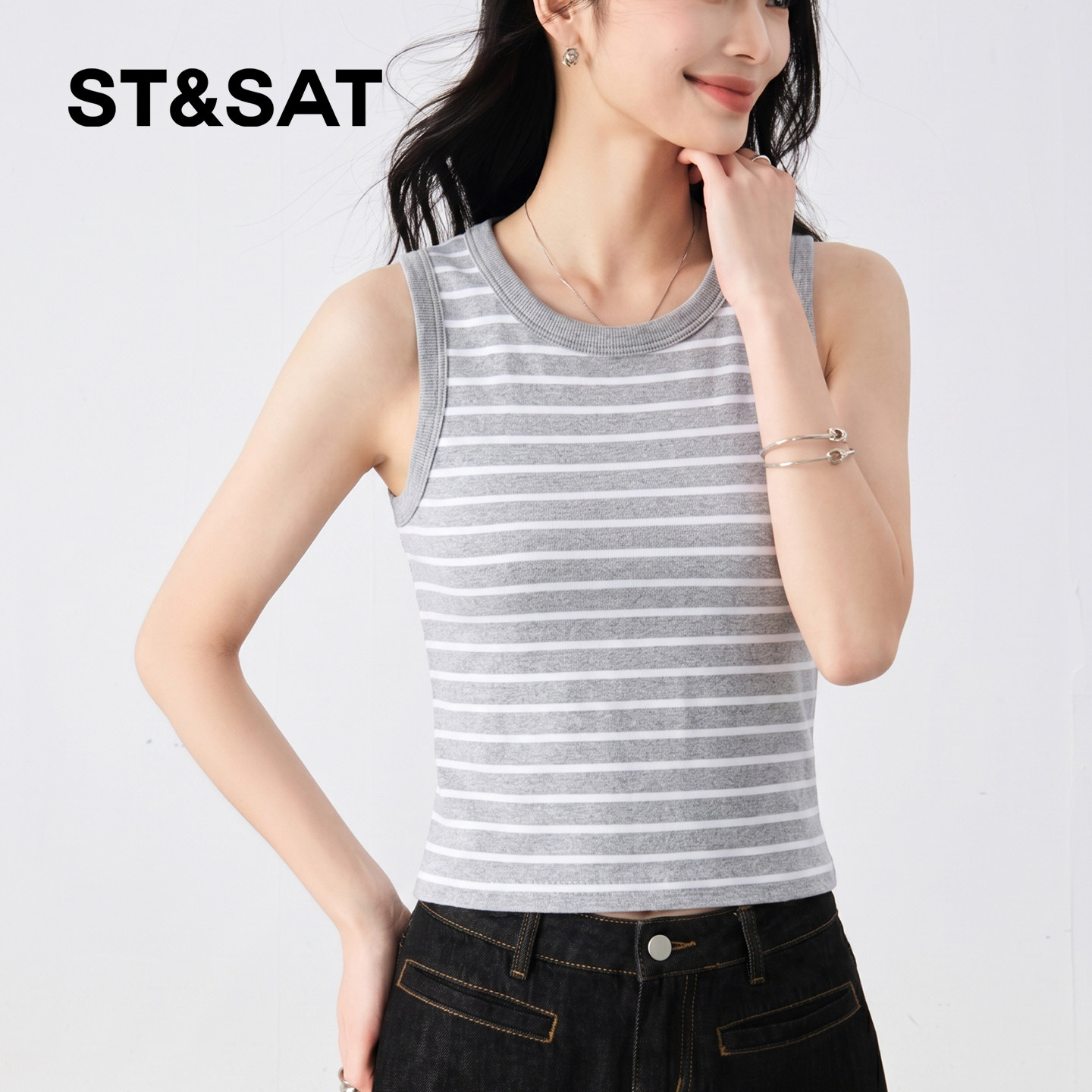 星期六条纹纯棉吊带背心女夏季