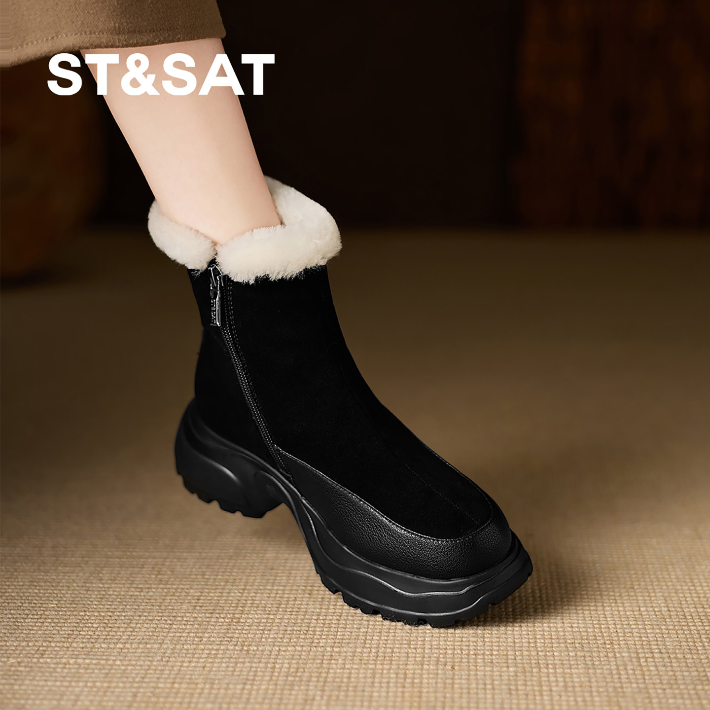 星期六黑色加绒加厚雪地靴女厚底冬季保暖平底短靴显瘦舒适棉鞋子,女鞋,时尚雪地靴,淘宝优惠券,粉丝福利购,淘宝优惠卷